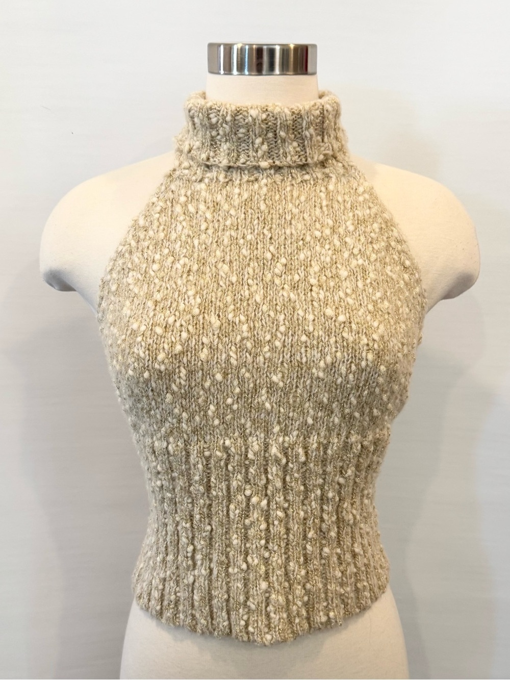 EXPRESS Wool Blend Cream Metallic Gold Knit Vintage Holiday Halter Sweater Top M - Picture 8 of 15